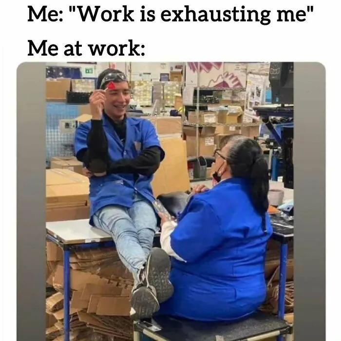 A relatable meme showing two people relaxed at work, humorously coping with the thought of working tomorrow.