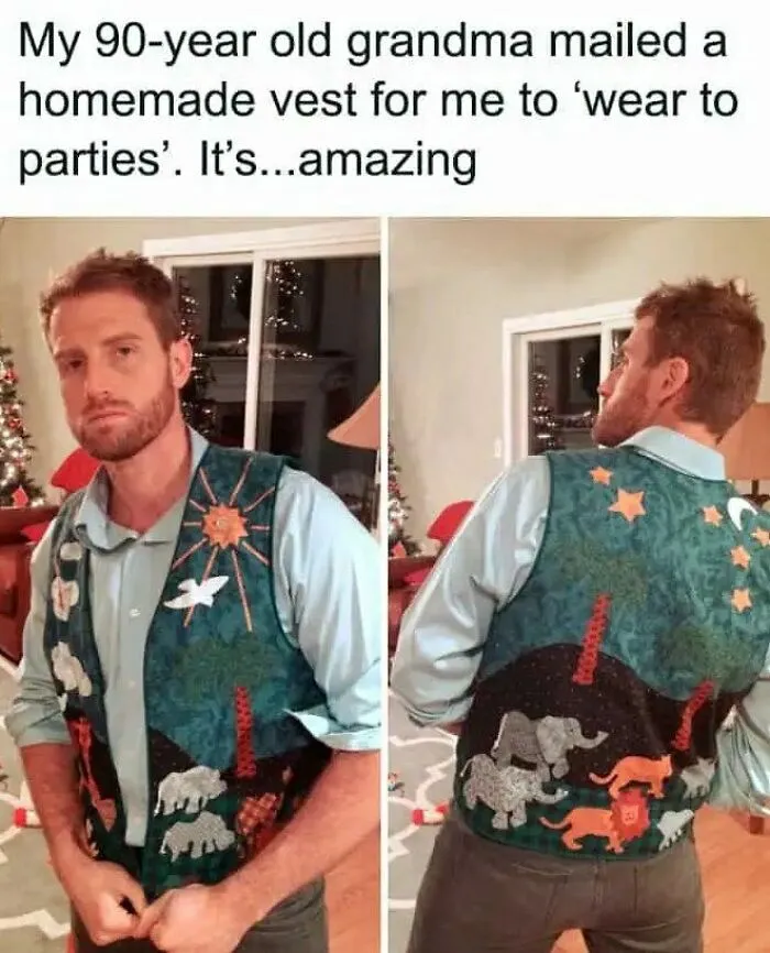 Grandma Said “Wear It To Parties,” And Honestly, This Homemade Vest Deserves Its Own Invitation