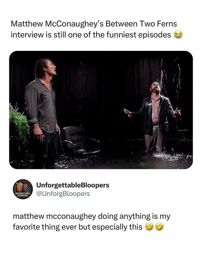 Matthew McConaughey and Zach Galifianakis drenched in water during a funny interview, highlighting memorable TV, movies, and media content.