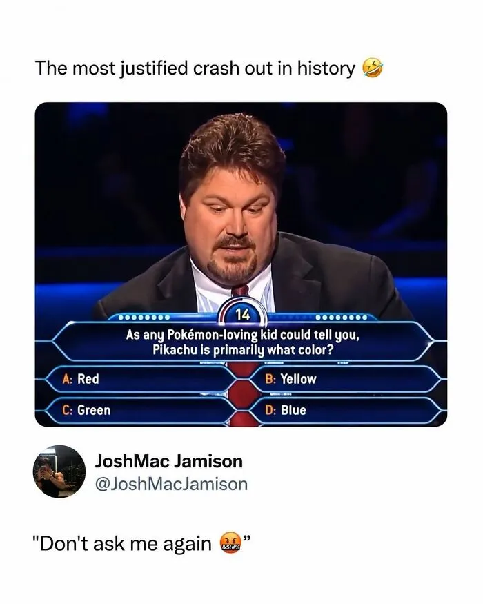 A man on a game show answering a question about Pikachu's color, an interesting post about media.