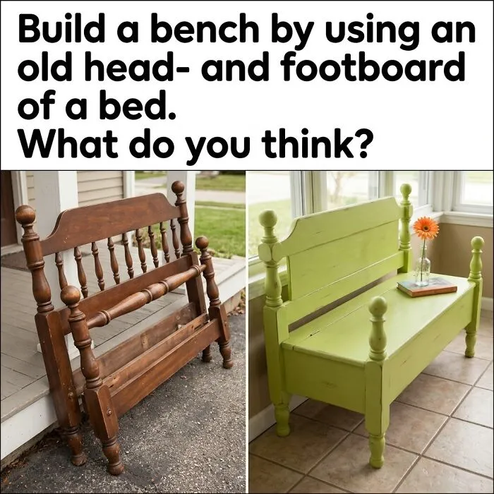 An Old Wooden Headboard And Footboard Became A Charming Green Entryway Bench — Same Bones, Whole New Life