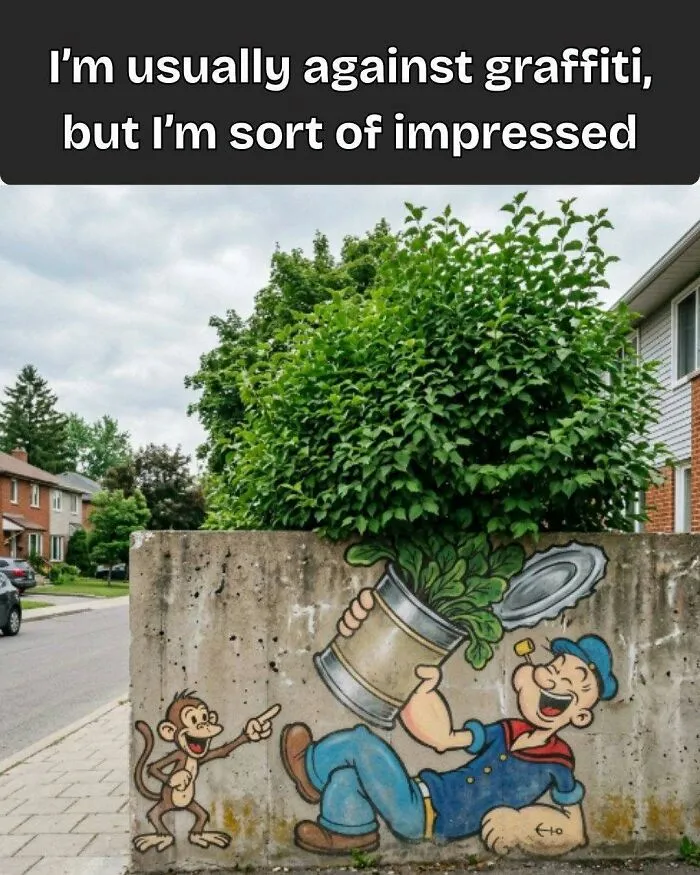 Turning A Real Bush Into Popeye’s Spinach Can Is Honestly Pretty Clever — Whoever Painted This Understood The Assignment