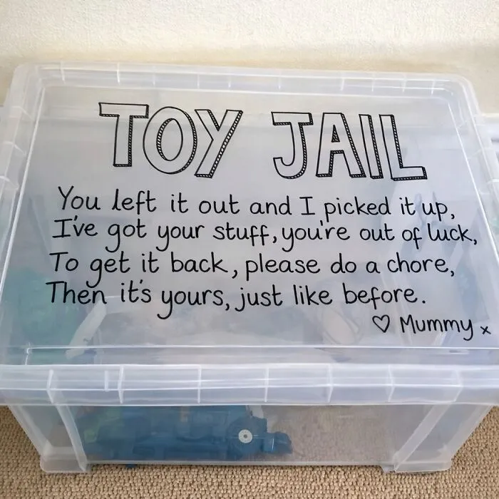 A Toy Jail Bin Is A Funny Chore Idea For Kids Who Leave Their Toys Out Around The House