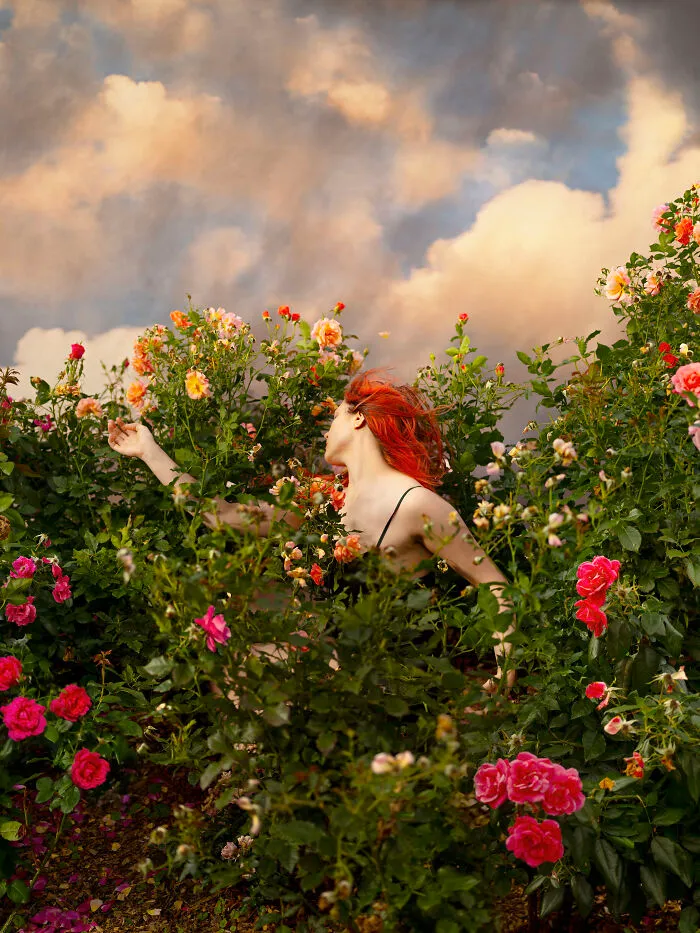 Surreal photos of a person with red hair, in a black top, among blooming rose bushes under a cloudy sky.