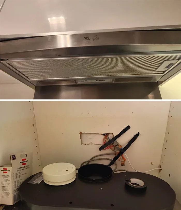A kitchen range hood with a cut-out and exposed wires in the cabinet above, a significant Airbnb blunder showcasing poor maintenance.