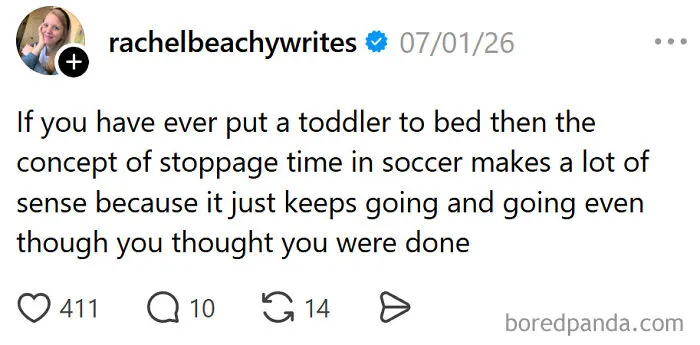 A meme about raising kids: putting a toddler to bed feels like endless stoppage time in soccer.