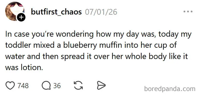 A funny meme about raising kids: a toddler mixing a muffin into water and spreading it like lotion.