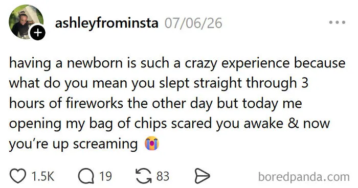Funny meme about raising kids: A newborn meme about how fireworks don't wake babies, but chips do.