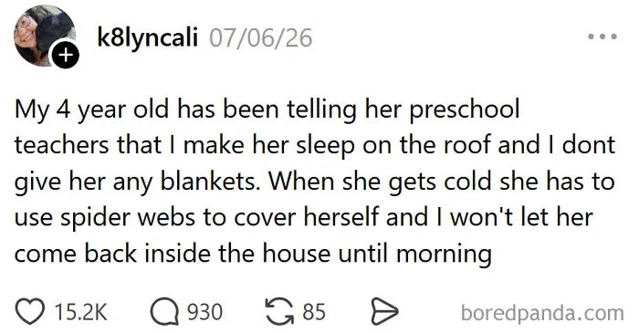Funny meme about raising kids: A 4-year-old telling preschool teachers she sleeps on the roof without blankets.
