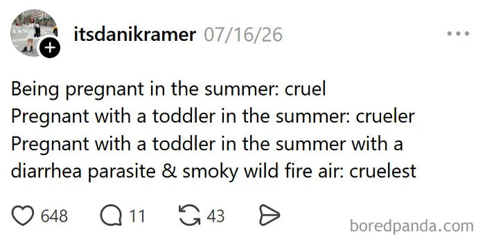 A meme humorously describing the increasing difficulty of raising kids while pregnant in the summer.