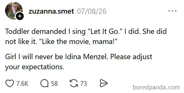 A meme about raising kids, depicting a parent's funny struggle to sing Let It Go for a toddler, highlighting parenting challenges.