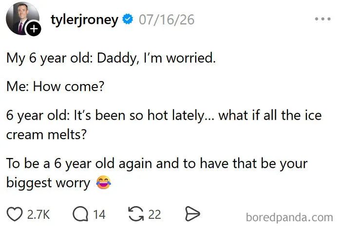 A funny meme about a 6-year-old's biggest worry being ice cream melting, related to raising kids.