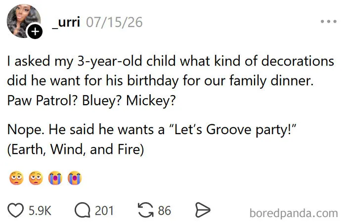 A funny meme about raising kids, showing a parent's tweet about her 3-year-old wanting a 'Let's Groove party.'