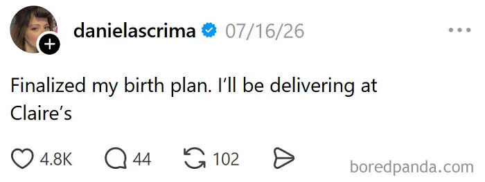 A meme about raising kids, showing a tweet from a parent who finalized her birth plan to deliver at Claire's.