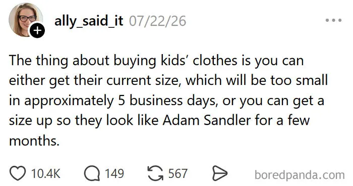 A funny meme about raising kids, showing a tweet from ally_said_it about buying kids' clothes too small or too big.