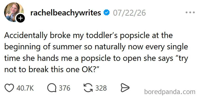 Meme about raising kids: a parent shares a funny story about their toddler's broken popsicle.