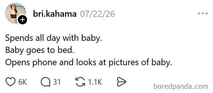 Meme about raising kids, a parent looking at baby pictures on their phone after the baby goes to bed, relatable.