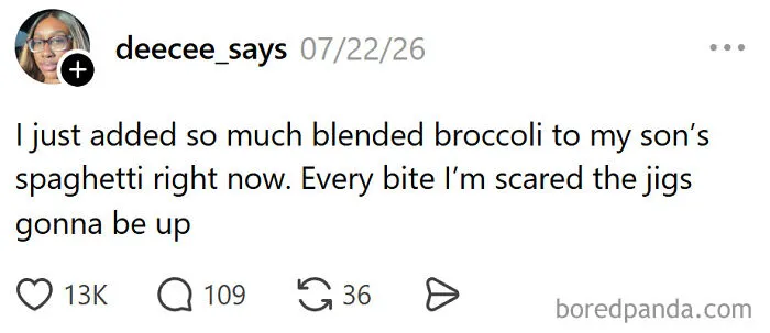Meme about raising kids, a parent secretly adding blended broccoli to their son's spaghetti, painfully true parenting.