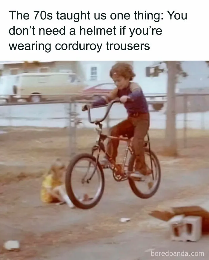 A child jumping a bike in corduroy pants, a 70s Gen X meme.