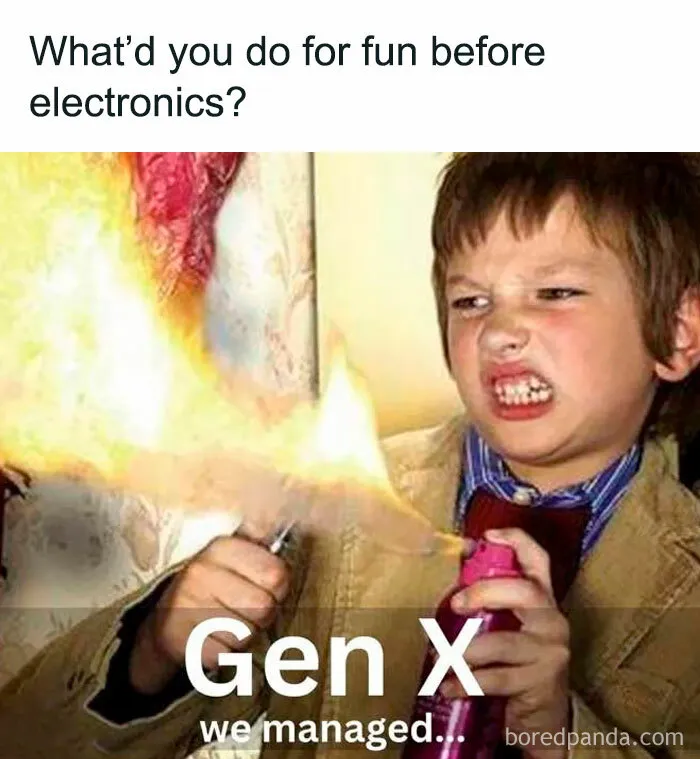 A young boy with a mischievous grin holds a lighter to a spray can creating a flame, a Gen X meme.