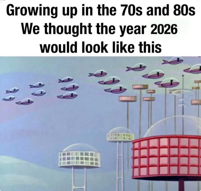 Cartoon flying cars and futuristic buildings in a Gen X meme about the 70s and 80s.