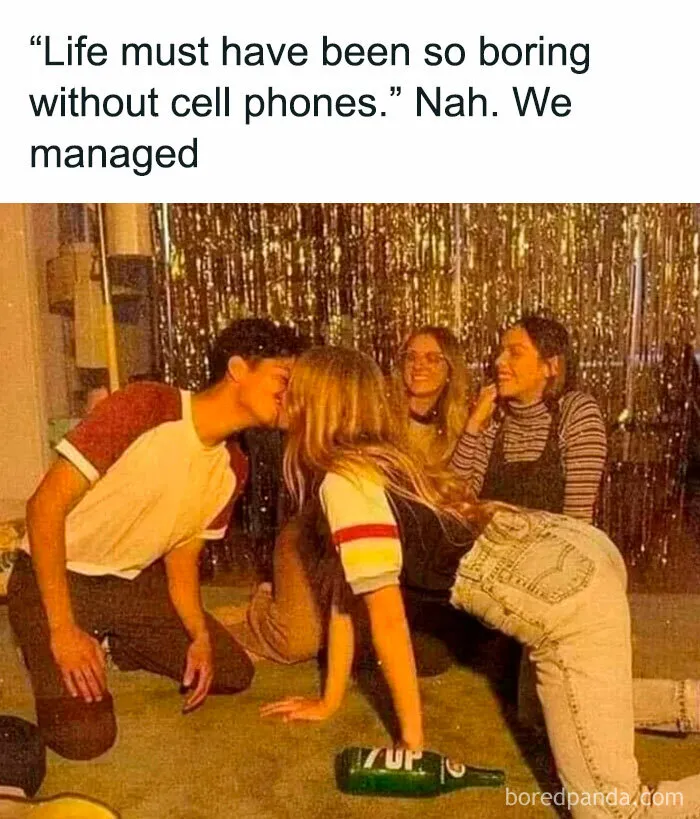 Young Gen X people playing spin the bottle at a party, showing how they managed without cell phones and creating memories.