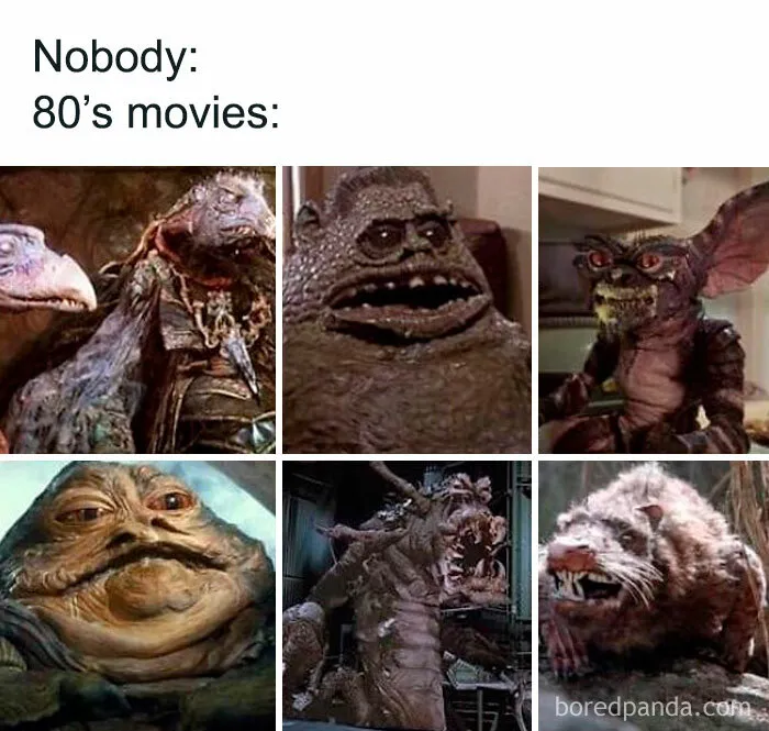 Six images of creatures from 80s movies, a vivid Gen X memory of classic film monsters.