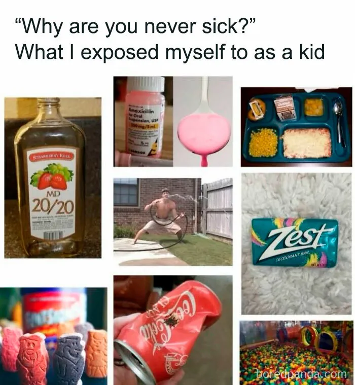A collage of childhood items like MD 20/20, pink medicine, and a ball pit, unlocking Gen X memories.