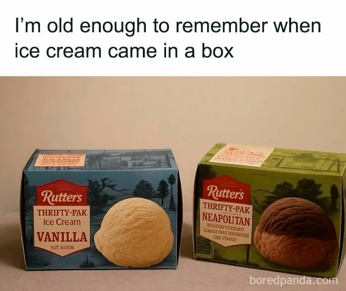 Two vintage Rutter's ice cream boxes, a clear Gen X memory of how ice cream was packaged.