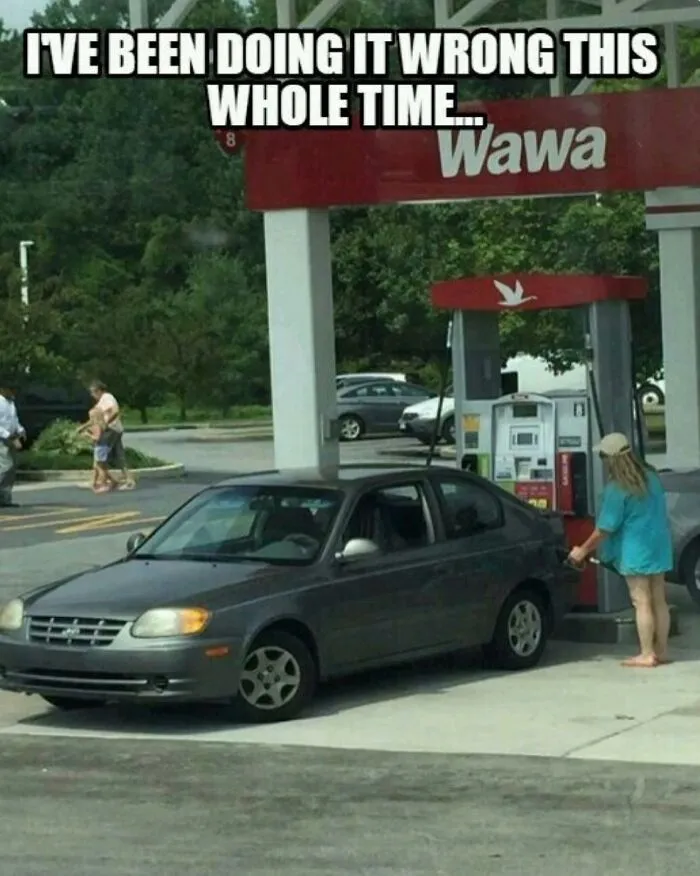 A Gen X meme showing someone humorously pumping gas the wrong way, unlocking forgotten memories.