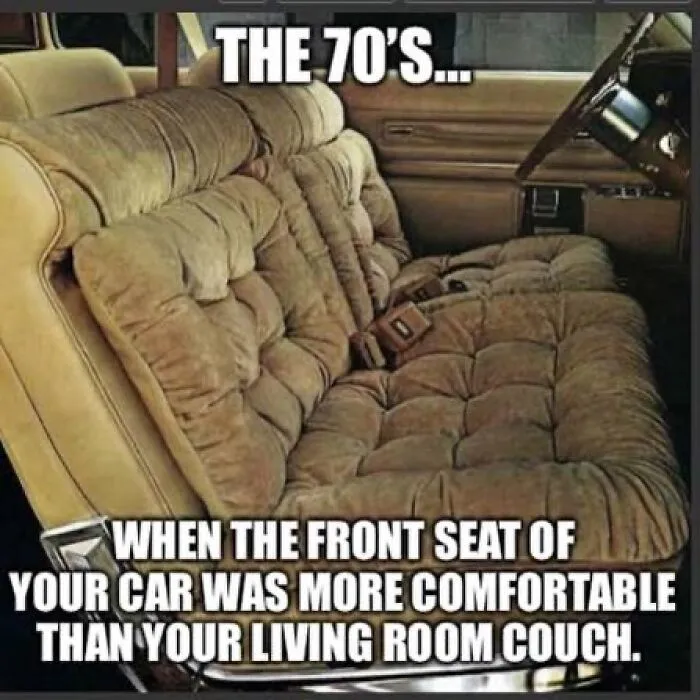 A fluffy, comfy front car seat from the 70s, representing Gen X memes and memories of comfort.