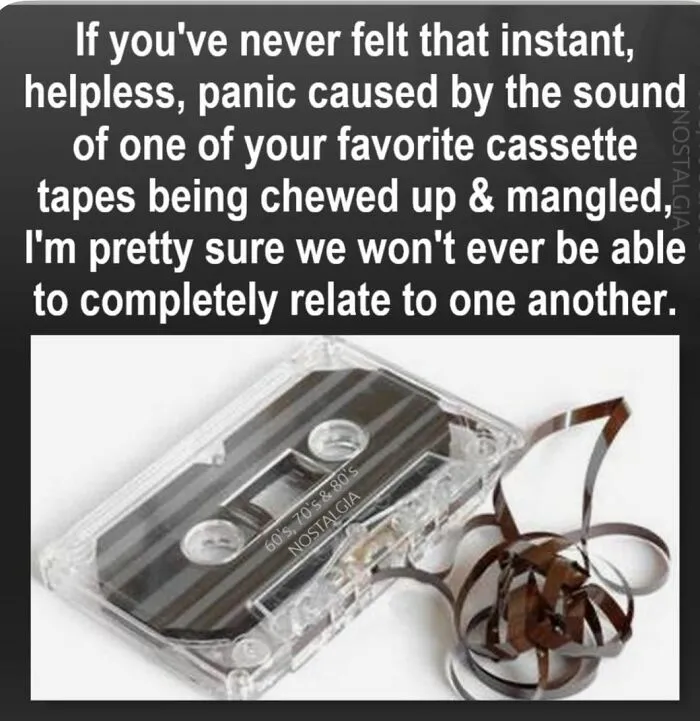 A damaged cassette tape with its magnetic tape mangled outside, depicting a classic Gen X memory.