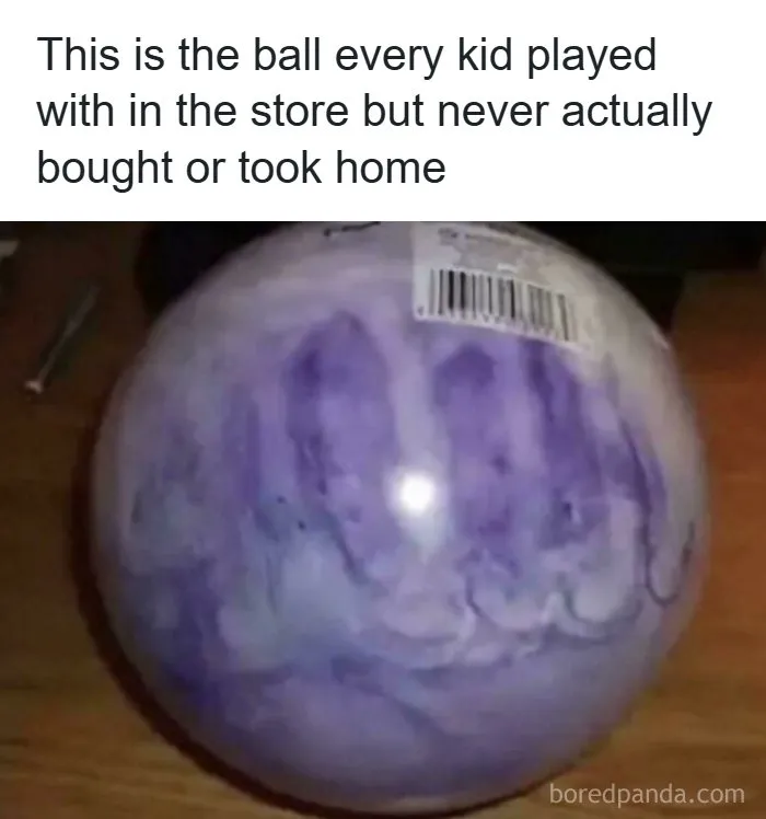 A purple swirled bowling ball, a nostalgic image representing life in the 90s.