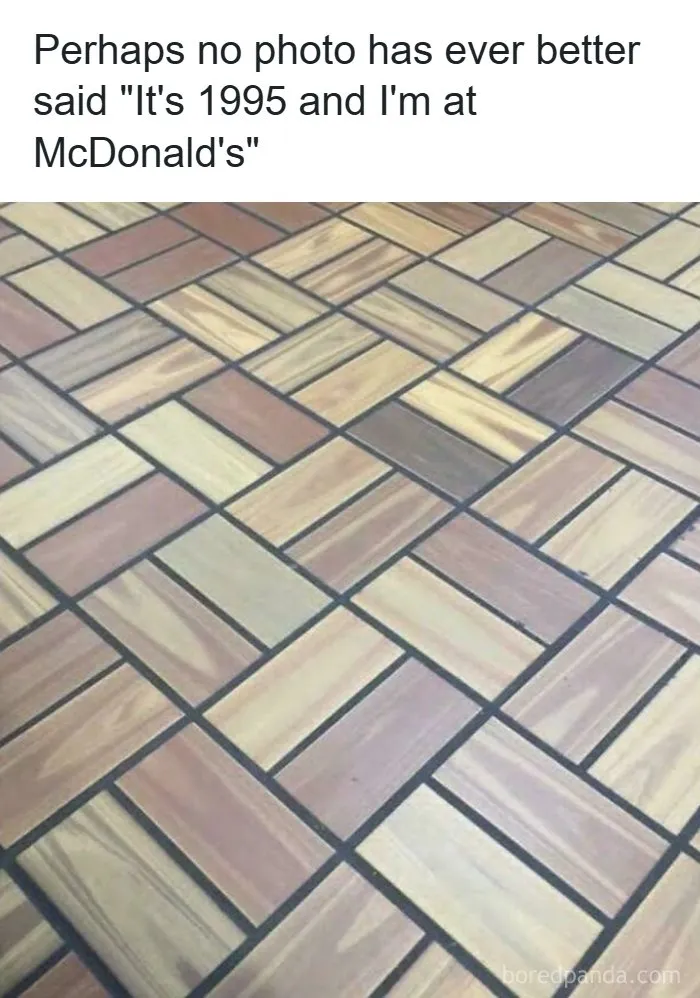 A close-up of a distinctive patterned floor, typical of McDonald's in the 90s, evoking life in the 90s.