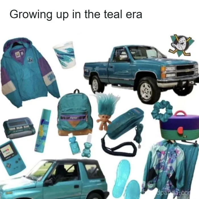 A collage of teal-colored items including a jacket, backpack, car, and phone, iconic of life in the 90s.