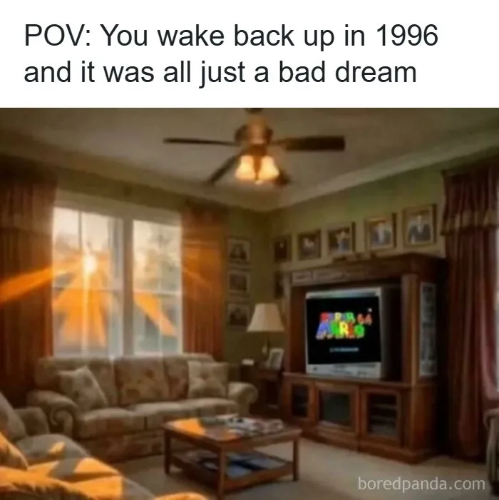 A cozy living room with a television displaying an N64 game, warm lighting, and classic decor, reminiscing life in the 90s.