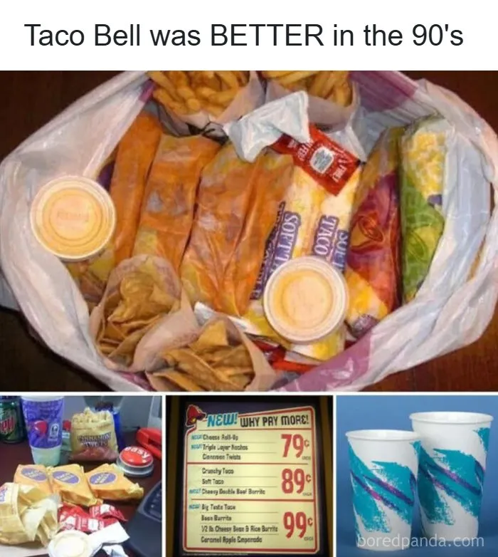 A collection of Taco Bell food in a bag, with a menu showing 90s prices and iconic blue and purple cups, highlighting life in the 90s.