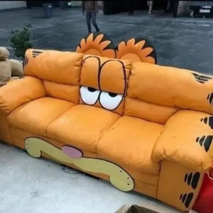 A Garfield-themed orange sofa, one of the bizarre furniture designs.