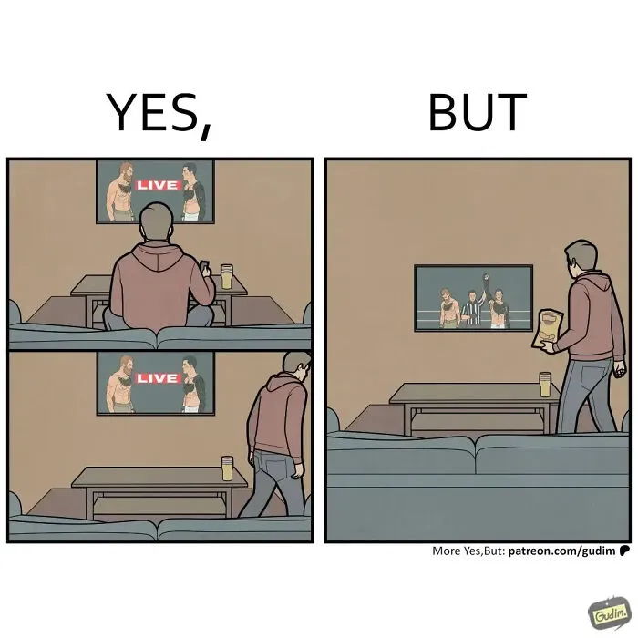 A comic points out a man watching a live fight then getting a paper to go watch a recorded fight. Clever Yes But comics.
