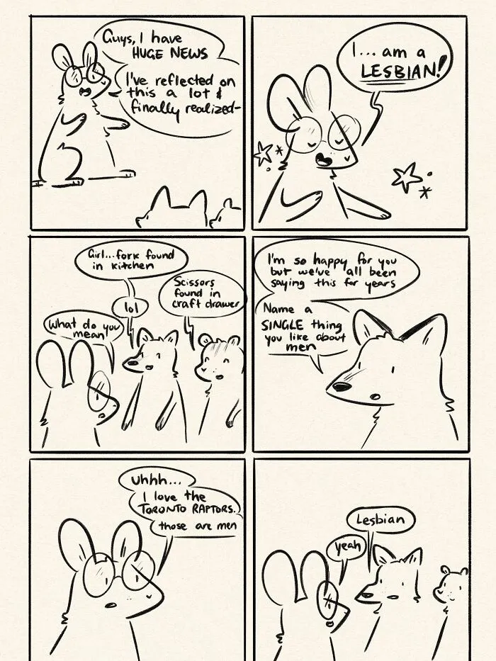 Funny comics illustrating a character coming out as lesbian, with friends humorously pointing out obvious signs.