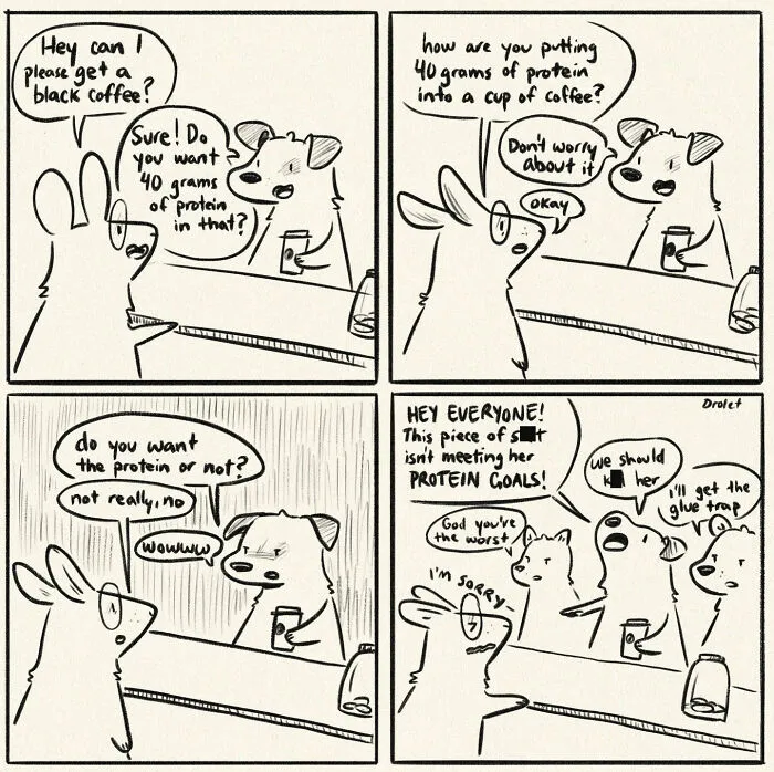Funny and honest comic about life's little moments: A rabbit asks for black coffee, then learns about protein.