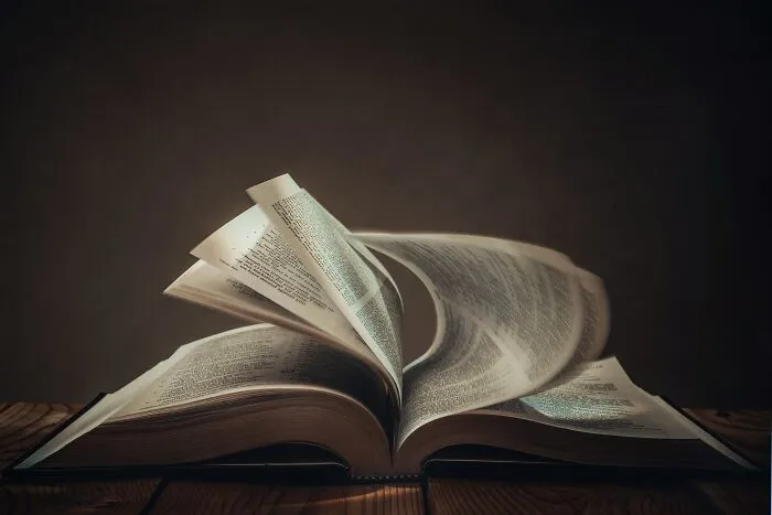 An open book with pages turning, symbolizing internet rabbit holes and the disturbing knowledge found in cults.