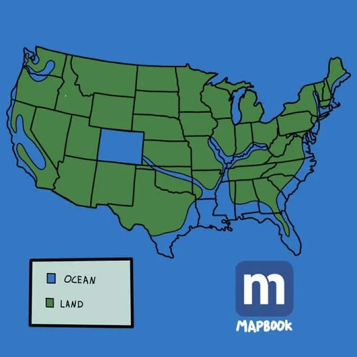 A bizarre map of the US, showing which states would be underwater if filled with ocean. Cool geography.
