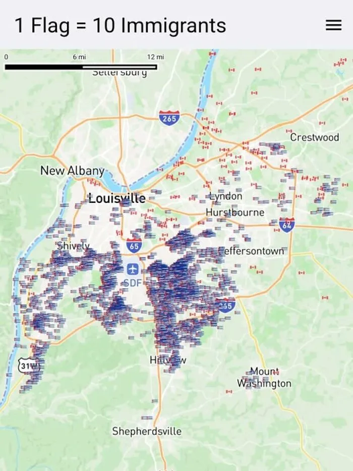 A brilliant map showing immigrant distribution in Louisville with flags, proving geography is cool.