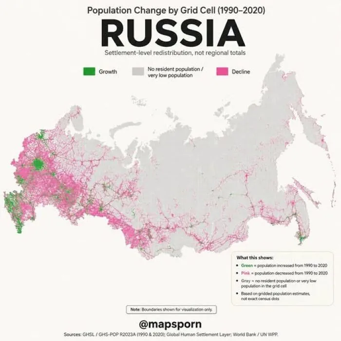 A population change map of Russia (1990-2020), illustrating population growth and decline in different geographical regions.