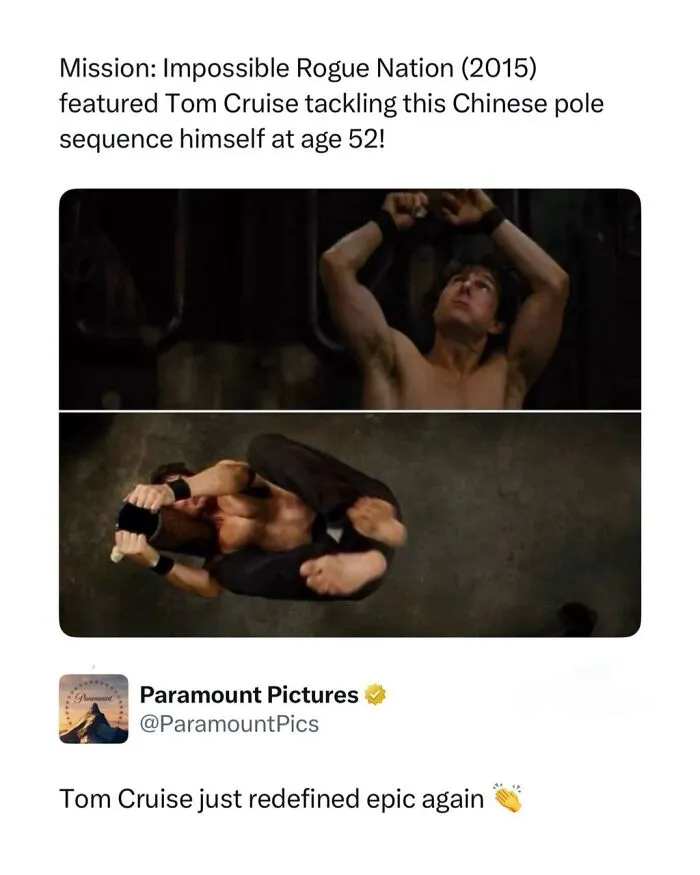 Tom Cruise, at 52, performing a Chinese pole sequence in Mission: Impossible Rogue Nation, a cool and interesting post about TV, movies, and media.