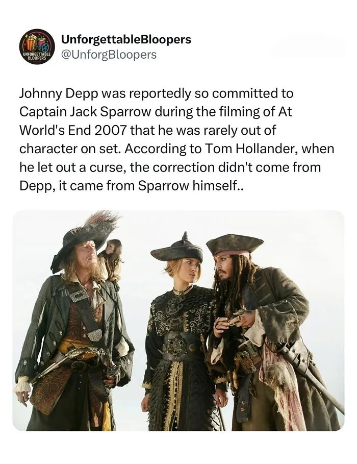 Johnny Depp as Captain Jack Sparrow, with other characters, from a movie, an interesting post about media.