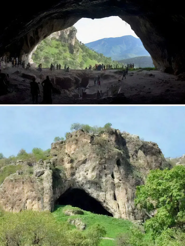 Two images of an extremely large cave entrance in a lush green mountain, showing its scary and eerie vastness.