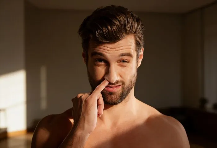 A man picking his nose, showing poor house etiquette among guests.