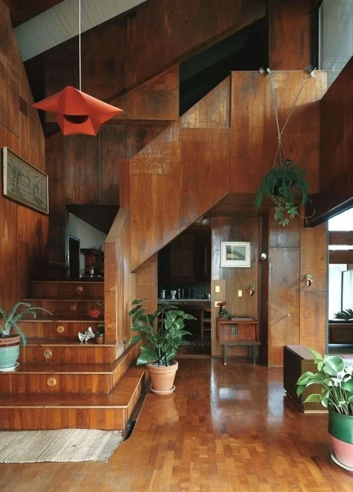 Mid Century Modern Wall Panelling With Dramatic Staircase, USA, 70s